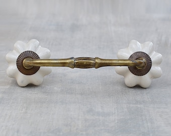 Handmade Cream Colored Flower Kitchen Cabinet Pulls - Rustic Ceramic Drawer Knobs & Unique Hardware Sets
