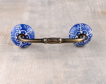 Blue And White Ceramic Kitchen Cabinet Pull With White Embossed Design (Sold in Sets)