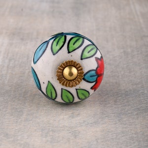 Red Turquoise Ceramic Cabinet Drawer Knob with Green Floral Design - Elegant Home Decor Accent for Kitchen & Bathroom (Sold in Sets)