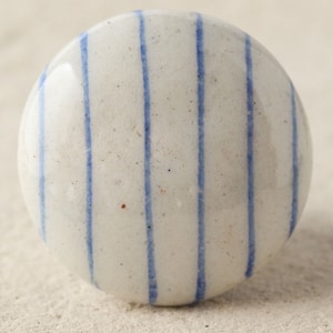 White and Blue Striped Ceramic Cabinet Knob (Sold in Sets)