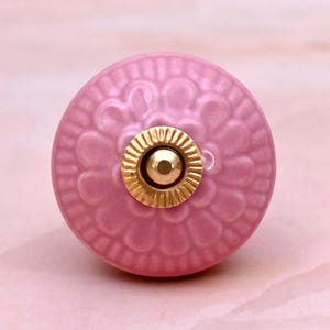 Handmade Ceramic Kitchen Cabinet Knob: Round Shape Pink Color Embossed Design