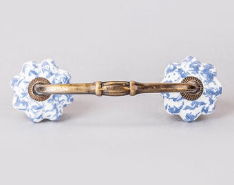 Handmade Light Blue and Off White Floral Shape Ceramic Kitchen Cabinet Pull (Sold in Sets)