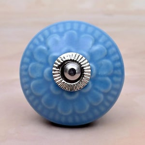 Handmade Turquoise Embossed Floral Ceramic Cabinet Knob, Decorative Drawer Pull for Dresser & Furniture