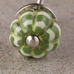 May include: A decorative cabinet knob with a green and white striped floral design. The knob has a silver metal base and a small, round silver center. The knob is designed for use on cabinets, drawers, or furniture.