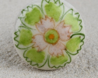 Hand-Painted Flower Ceramic Cabinet Knob: Green, Yellow, and Orange-Brown