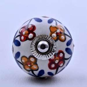 Handmade White, Blue, Red & Orange Floral Design Ceramic Cabinet Knob
