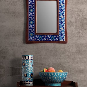 Wall Hanging Mirror Decorative Blue Tile Frame | Boho Mirror for Bathroom & Living Room Home Decor
