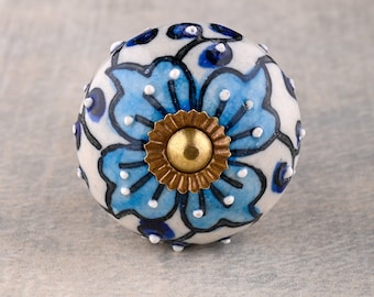 Elegante Blau und Türkis Floral Design Keramik Schrank Schublade Knauf