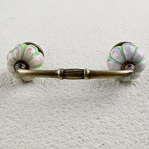 May include: A green and pink ceramic drawer pull with a brass arm. The ceramic is decorated with a floral pattern.