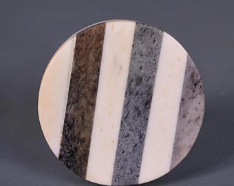 Gray and White Striped Bone Knobs: Round Furniture Drawer Pulls
