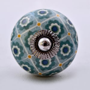 Handmade Aqua Green & Blue Floral Grid Ceramic Cabinet Knob