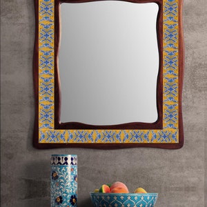 Handmade Ceramic Tile Mirror Blue White Floral Design on Yellow Wall Hanging Decorative New Home & Christmas Gift