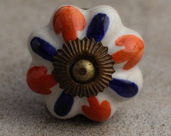 Keramische kastknoppen: oranje blauwe bloem deurgrepen decoratieve meubelgrepen