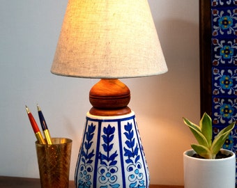 Handmade Blue Pottery Handiya Shape Table Lamp 6.5 inches Without Shade, Express Shipping, Handmade in India, Bedroom Bedside Table Lamp