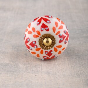 Red Orange and White Floral Design Ceramic Cabinet Drawer Knob