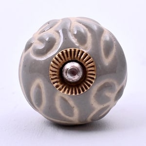 Handmade Grey & Cream Embossed Leaf Design Ceramic Cabinet Knob