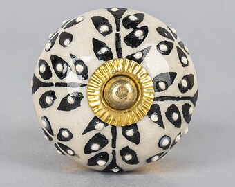 Handmade Black Design on White Base Ceramic Drawer Knob