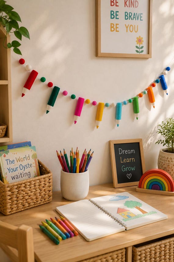 Handmade Wool Felt Pencil Garland, Colorful Classroom Decor, Back to School Banner