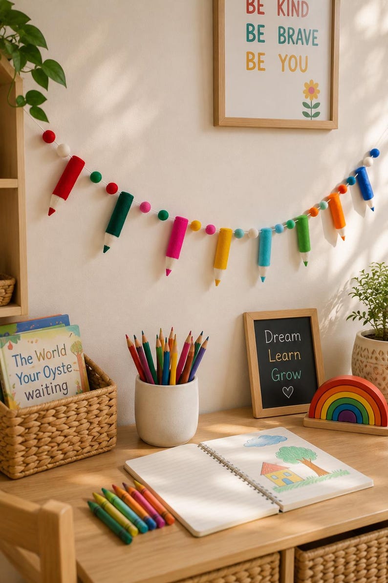 May include: A felt garland featuring miniature pencil shapes in red, dark green, pink, yellow, blue, light green, and orange, interspersed with small white, red, and green felt balls, hanging horizontally against a plain wall.
