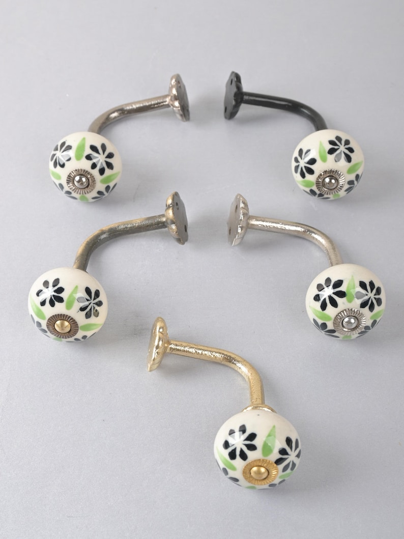 Handmade Ceramic Curtain Tie Back: Black & Lime Floral Towel Hook image 4
