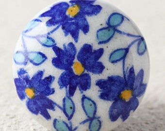 Handmade Ceramic Cabinet Knob: Blue & Yellow Floral Drawer Pull