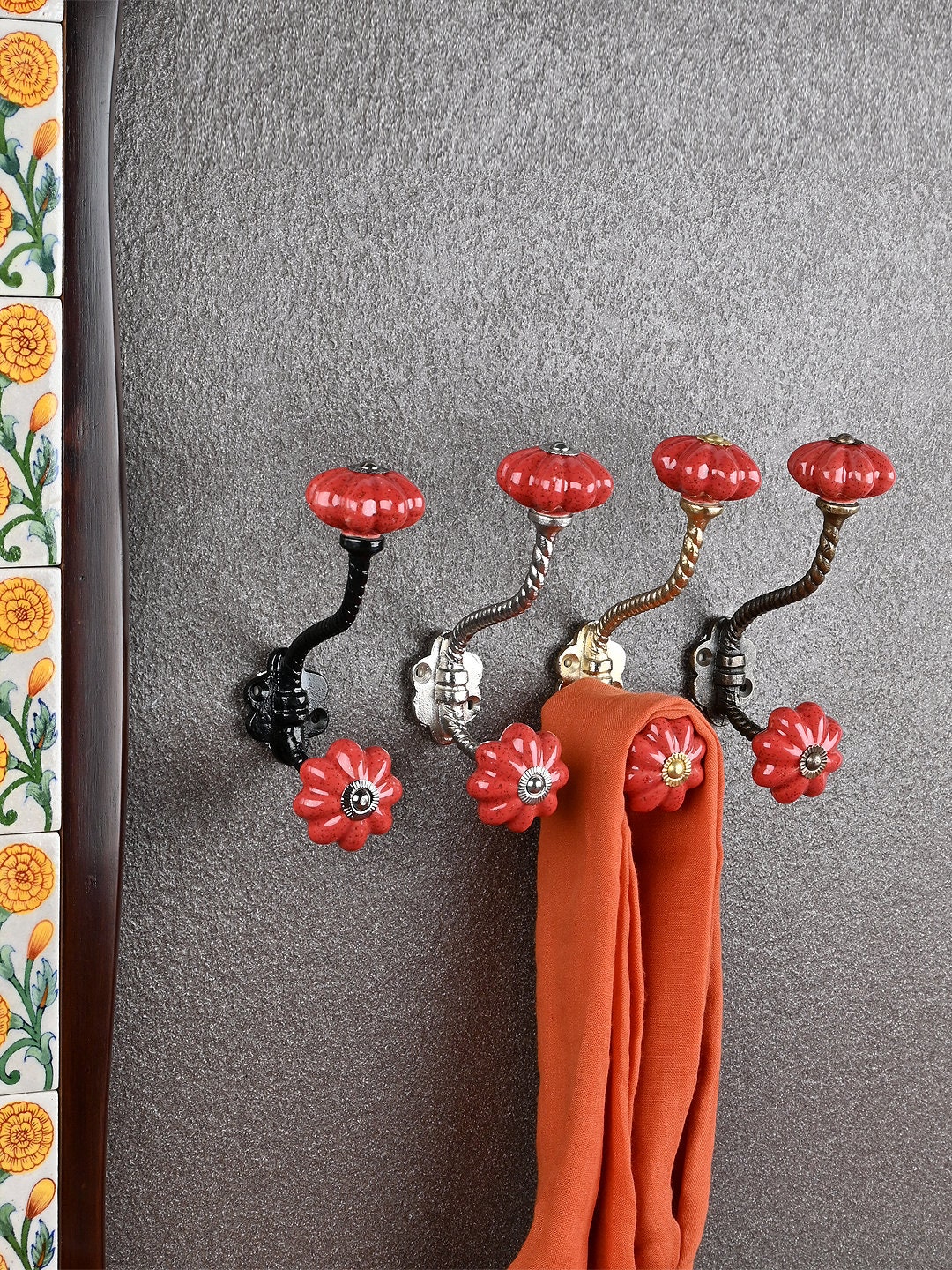 Red Co. Decorative Vintage Inspired Metal Wall Hanging Hooks — Red