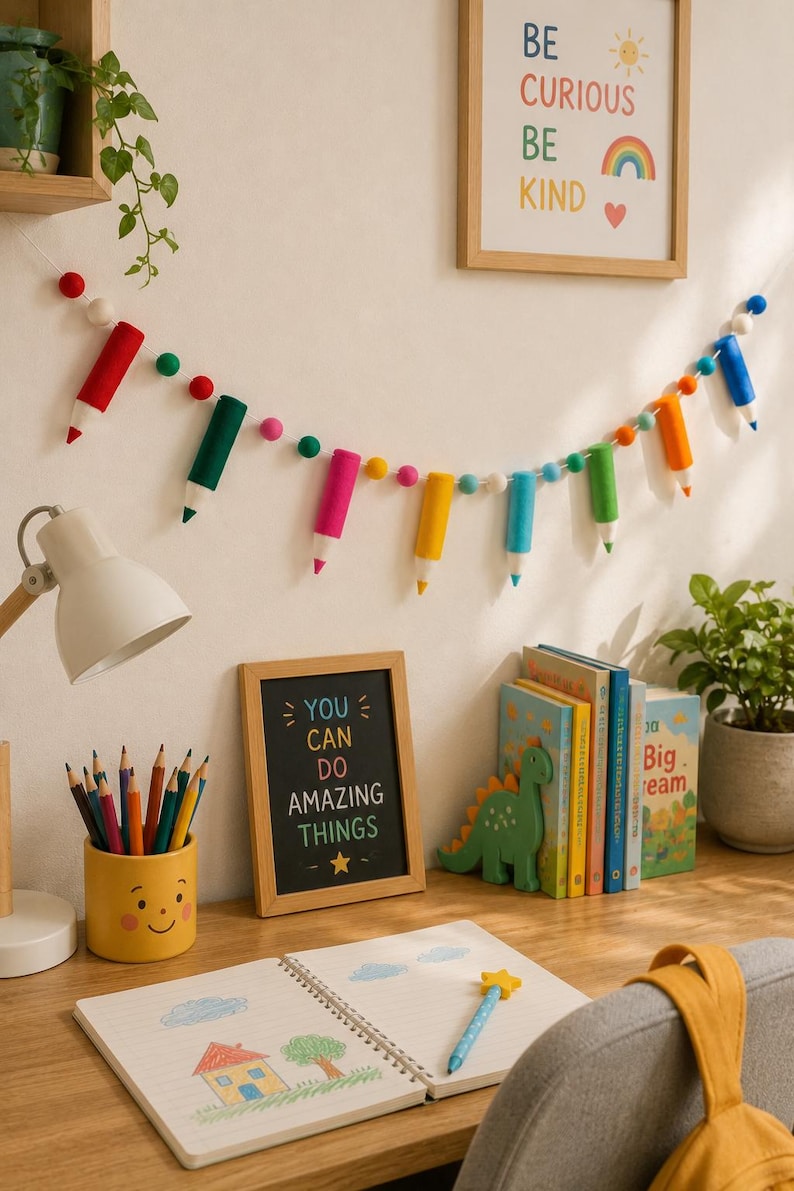 May include: A felt garland featuring colorful pencil-shaped ornaments and small spheres in red, green, pink, yellow, blue, and orange, strung on a white cord. The pencil shapes have pointed tips and are interspersed with round felt balls along the length.