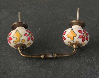 Ceramic Drawer Pull Set, Red & Yellow Flower Design