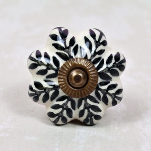 Handmade Ceramic Kitchen Cabinet Knob: Floral Black Color Leaf Design
