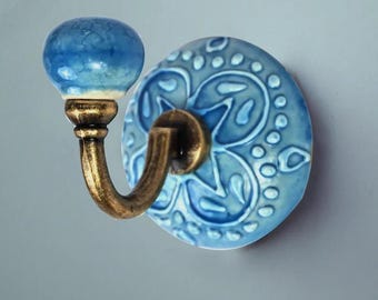 Handmade Turquoise Ceramic Coat Hook: Embossed Wall Decor