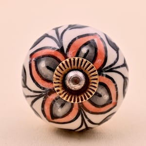 Handmade White, Coral & Grey Floral Design Ceramic Cabinet Knob