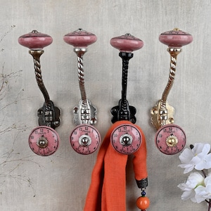 Pink Ceramic Wall Hanger Clock | Vintage Metal Coat & Bath Hooks | Handmade Furniture Hardware | Decorative Storage Organizer