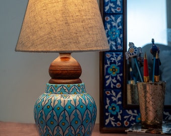 Handmade Blue Pottery Handiya Shape Table Lamp 6 inches Without Shade, Express Shipping, Handmade in India, Bedroom Bedside Table Lamp
