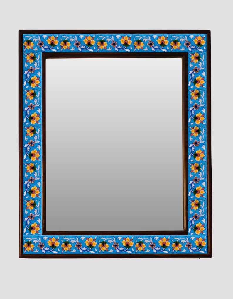 Handmade Turquoise Floral Tile Wall Hanging Mirror Etsy