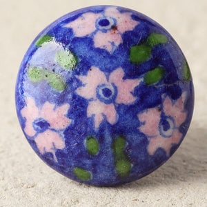 Blue Ceramic Cabinet Knob - Pink Flowers & Green Leaves, Decorative Knobs Sold in Sets for Kitchen or Furniture
