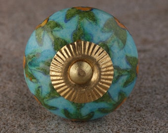 Bathroom Beaded Knobs with Turquoise Floral Print (Sold in Sets)