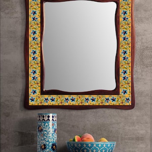 Handmade Ceramic Tile Mirror: Floral Wall Hanging with Wood Frame, Christmas Gift