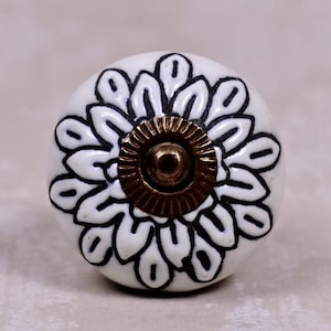 Handmade White Ceramic Drawer Knob: Black Floral Cabinet Pull