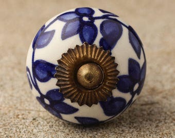 Blue Floral Drawer Knob: Elegant White Cabinet Hardware