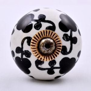 Handmade White & Black Floral Pattern Design Ceramic Cabinet Knob