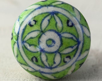 Hand-Painted Floral Ceramic Cabinet Knob: Green & White Vintage Style