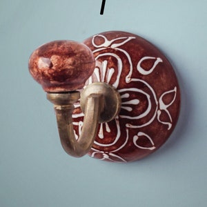 Red Flower Ceramic Wall Hook, Decorative Handmade Kitchen Bathroom Decor