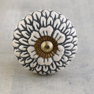 Handmade White Ceramic Drawer Knob With Black Multi-Floral Layer