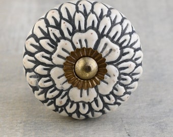 Handmade White Ceramic Drawer Knob With Black Multi-Floral Layer