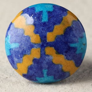 Hand-Painted Ceramic Cabinet Knob: Blue, Yellow, Turquoise