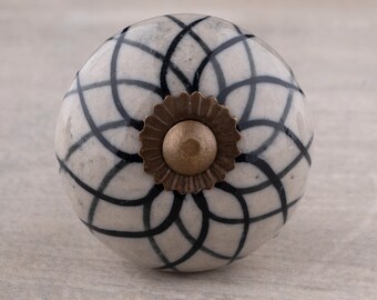 Handmade Black Flower Design on Light Gray Base Kitchen Cabinet Drawer Dresser Knob