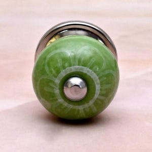 May include: A round, light green ceramic cabinet knob featuring a white, hand-painted floral pattern. The knob has a smooth, glossy finish and is centered with a small, polished silver-toned metal screw head, mounted on a silver-toned metal base.