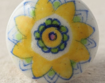 Hand-Painted Ceramic Cabinet Knob: White with Yellow Floral Accents