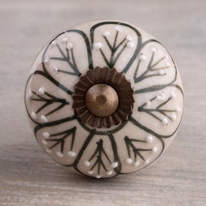 Green Hand Painted Embossed Flower Design on Off white Base Kitchen Cabinet Drawer Dresser Knob