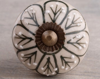 Hand Painted Flower Cabinet Knob: Embossed Green Design, Off White Base